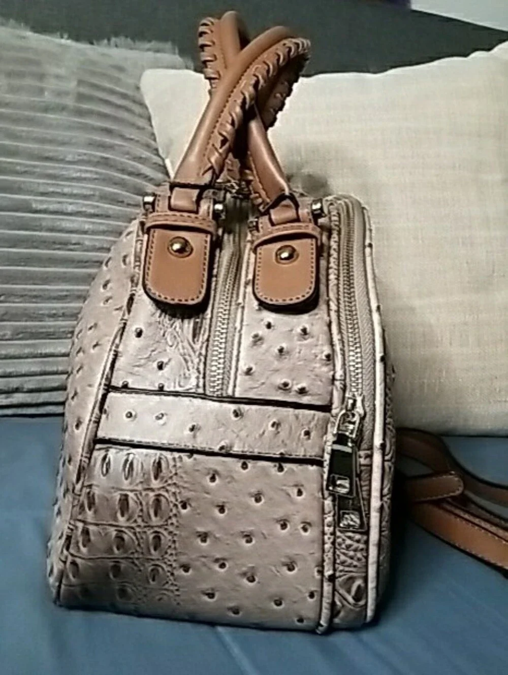 Structured Faux-Ostrich Dome Satchel Large